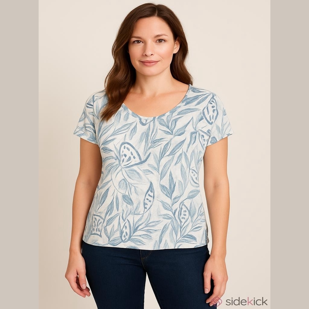 💙 Tahari 1X Top Linen White Blue Botanical Print Blouse Summer Light Fabric